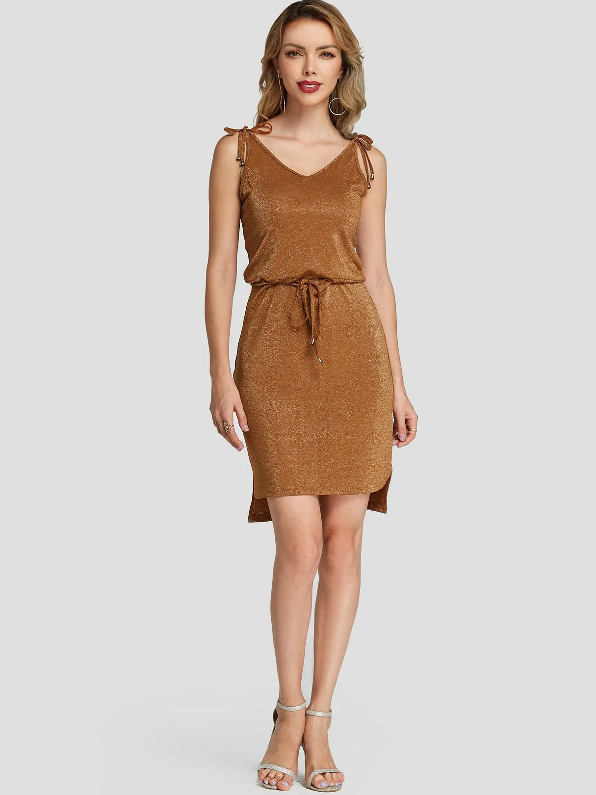 Wholesale Brown V-Neck Sleeveless Plain Backless High-Low Hem Casual Dress