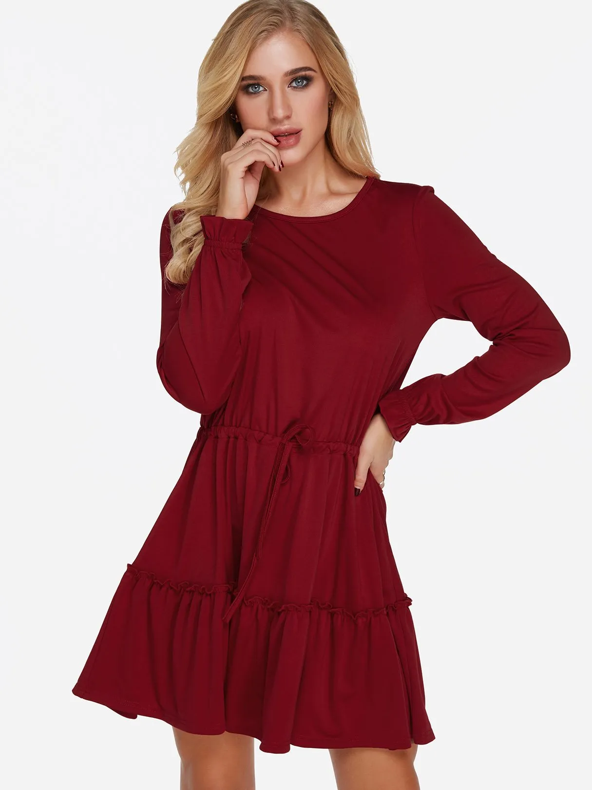 Wholesale Burgundy Round Neck Long Sleeve Plain Lace-Up Flounced Hem Casual Dresses