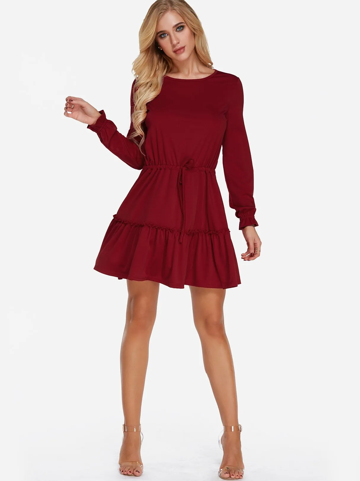 Wholesale Burgundy Round Neck Long Sleeve Plain Lace-Up Flounced Hem Casual Dresses