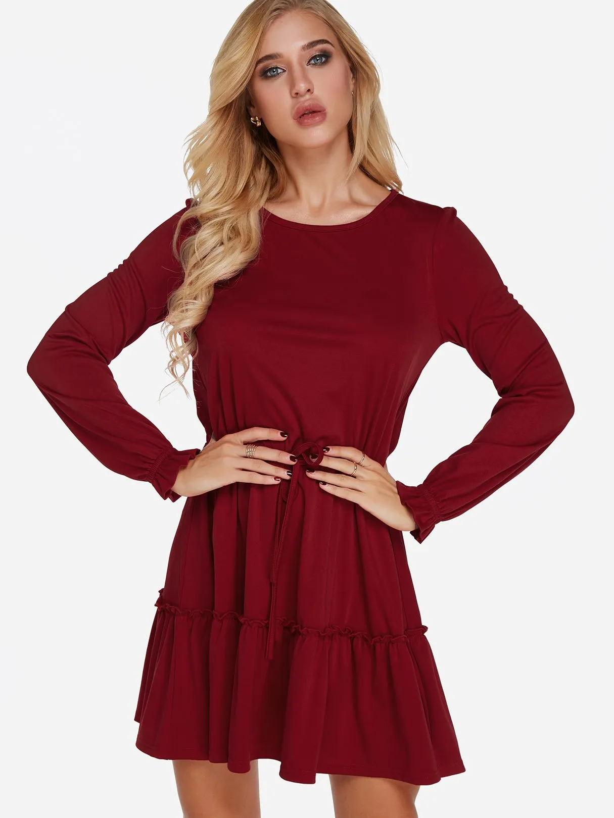 Wholesale Burgundy Round Neck Long Sleeve Plain Lace-Up Flounced Hem Casual Dresses