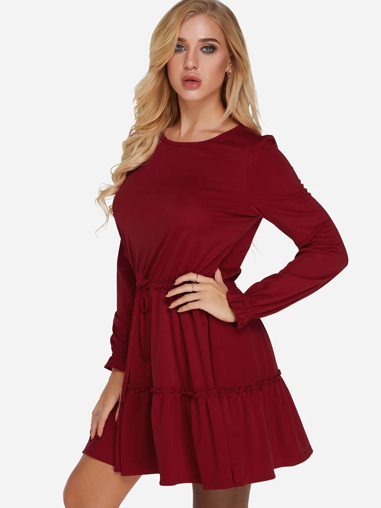 Wholesale Burgundy Round Neck Long Sleeve Plain Lace-Up Flounced Hem Casual Dresses