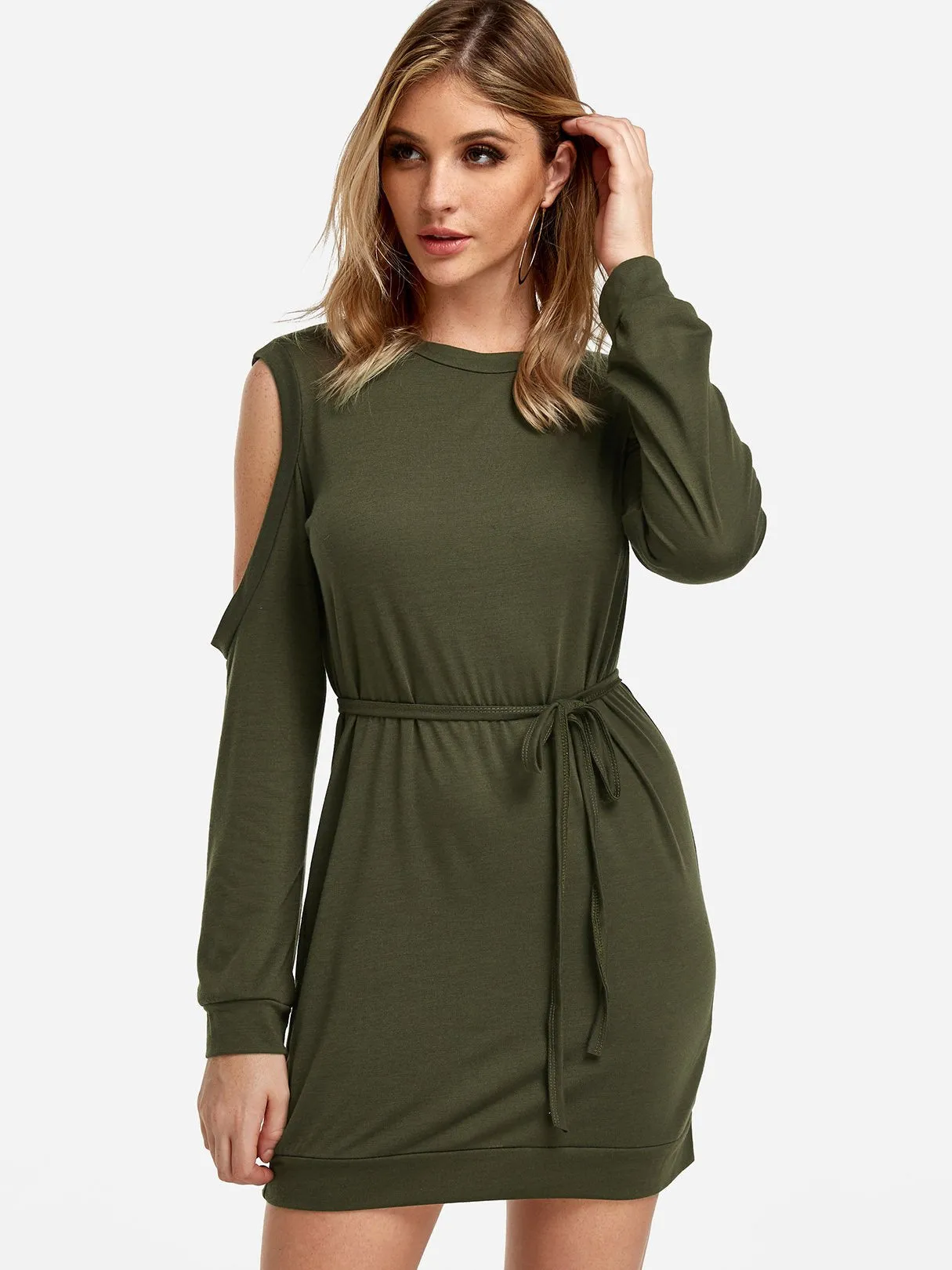 Wholesale Cold Shoulder Long Sleeve Plain Green Casual Dresses