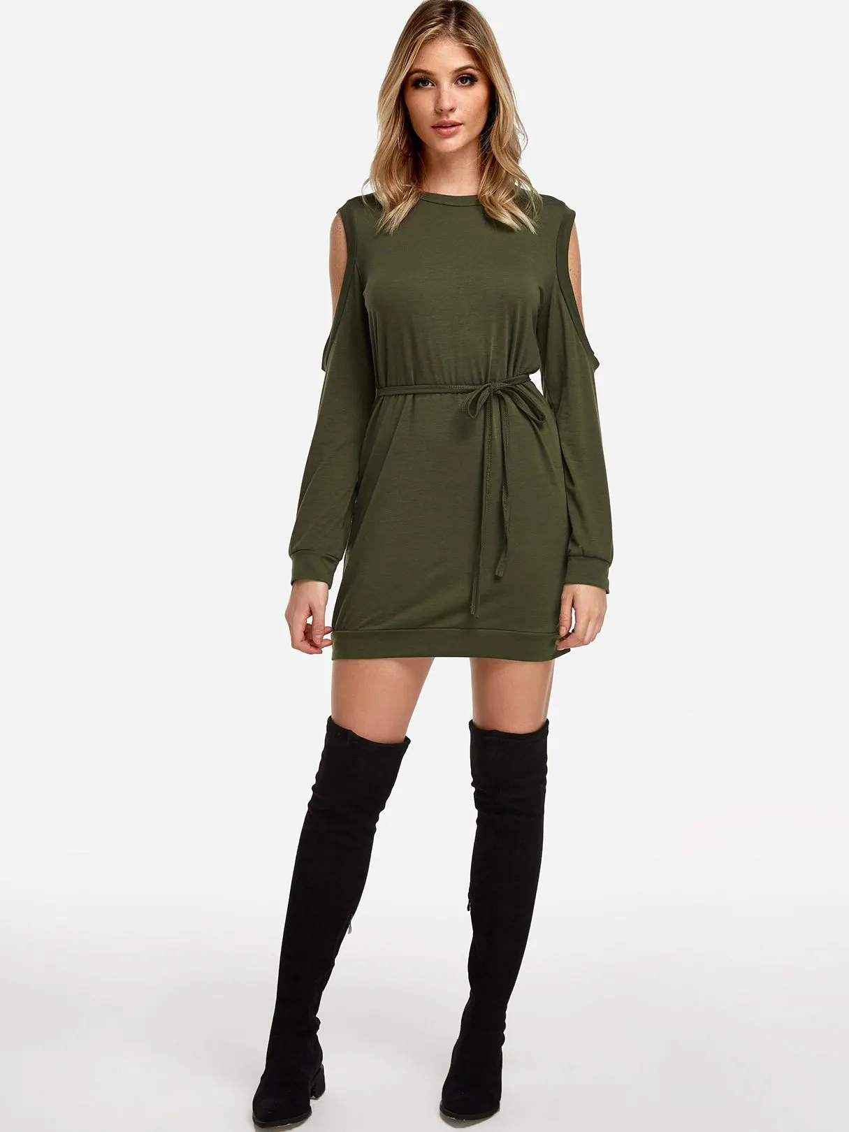 Wholesale Cold Shoulder Long Sleeve Plain Green Casual Dresses