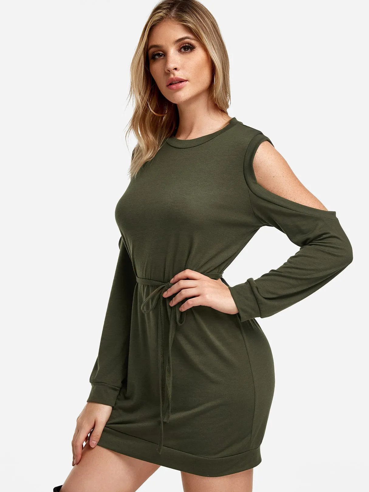 Wholesale Cold Shoulder Long Sleeve Plain Green Casual Dresses