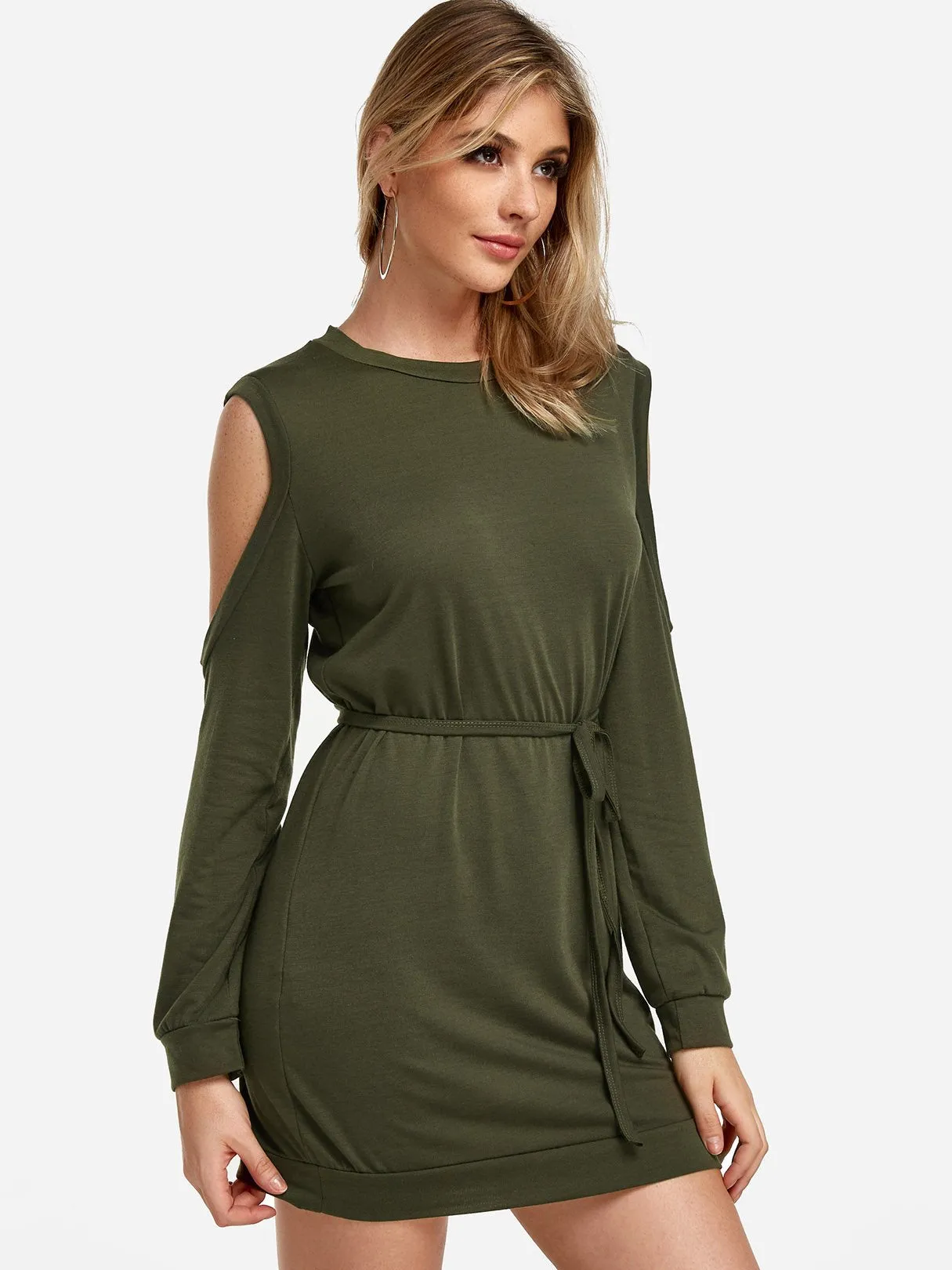 Wholesale Cold Shoulder Long Sleeve Plain Green Casual Dresses