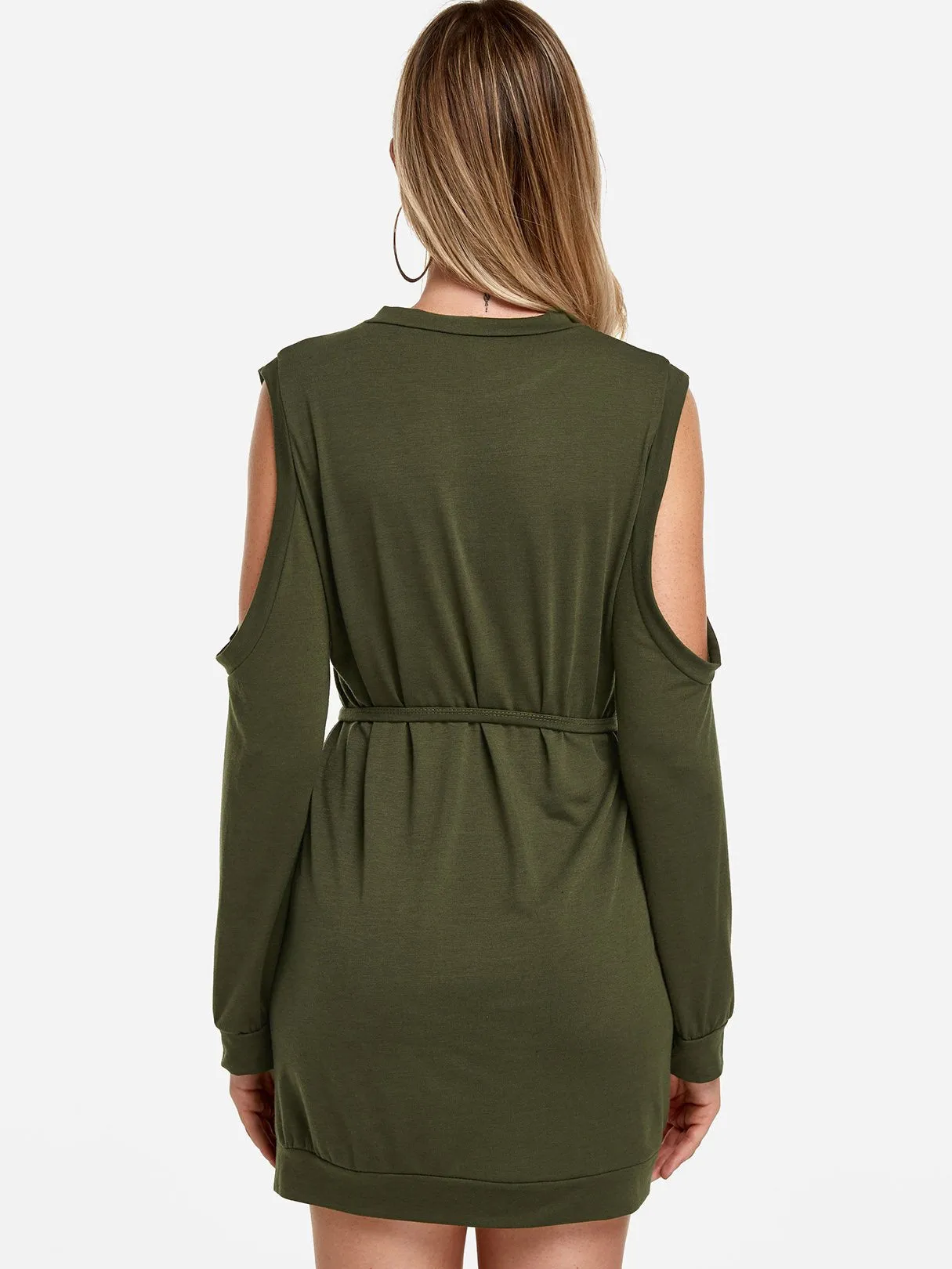 Wholesale Cold Shoulder Long Sleeve Plain Green Casual Dresses