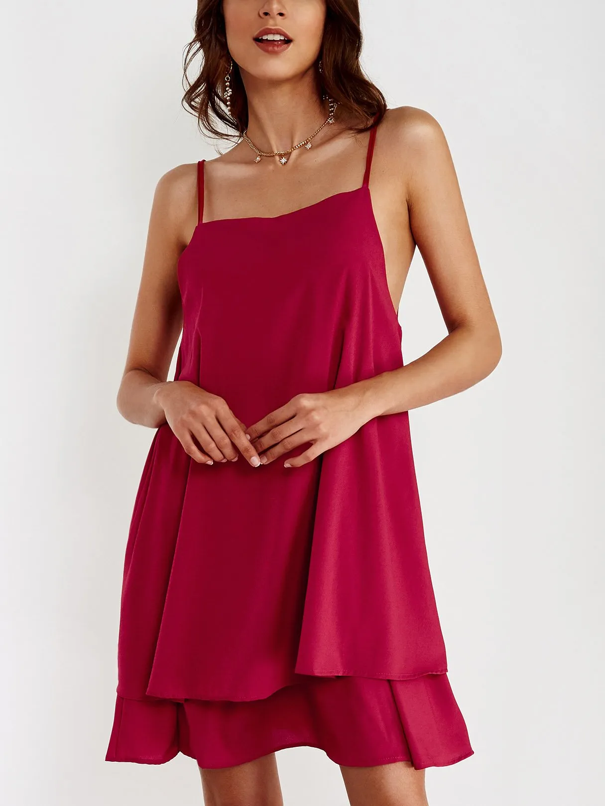 Wholesale Crew Neck Backless Sleeveless Irregular Hem Burgundy Casual Dresses