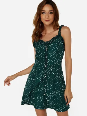 Wholesale Green Sleeveless Polka Dot Backless Casual Dress