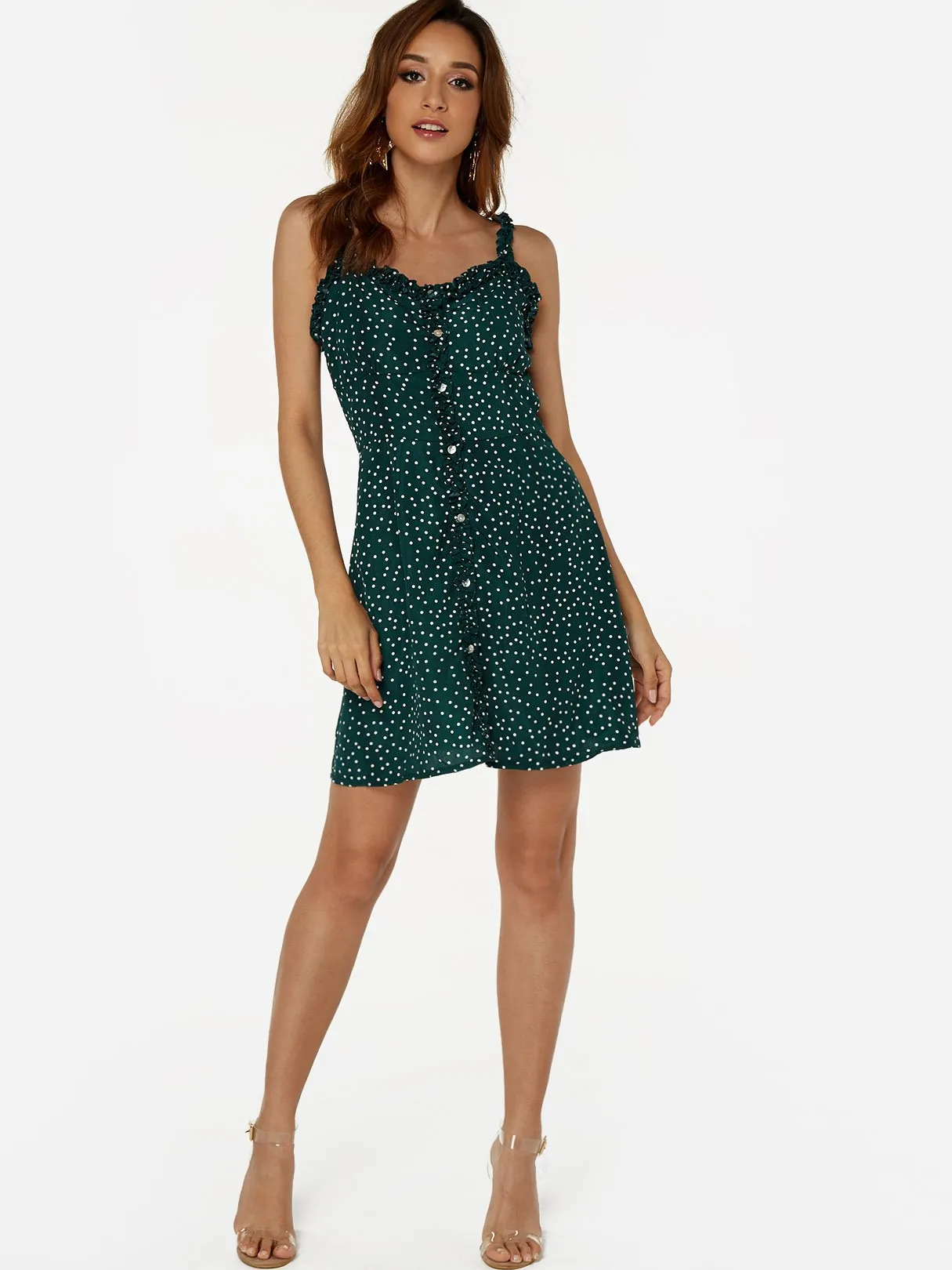 Wholesale Green Sleeveless Polka Dot Backless Casual Dress