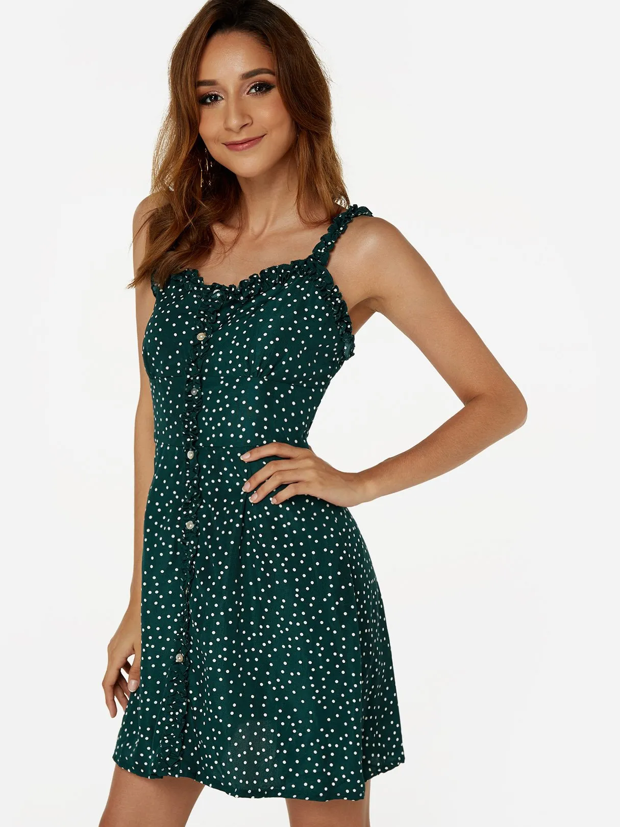 Wholesale Green Sleeveless Polka Dot Backless Casual Dress