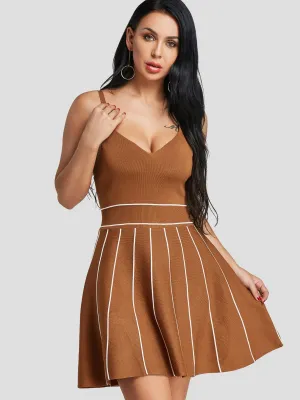 Wholesale Khaki V-Neck Sleeveless Stripe Spaghetti Strap Casual Dresses