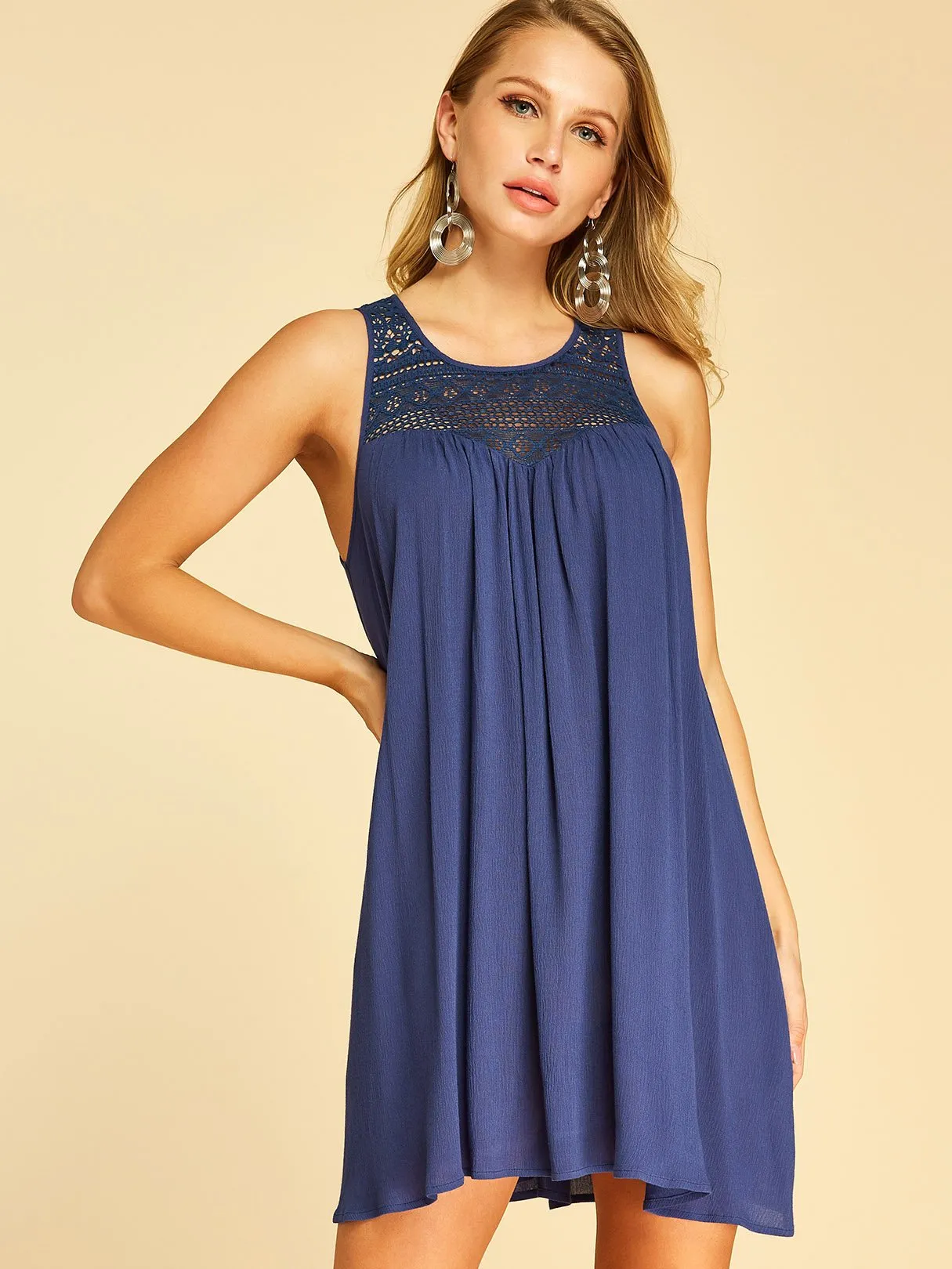 Wholesale Navy Round Neck Sleeveless Plain Crochet Lace Embellished Casual Dress