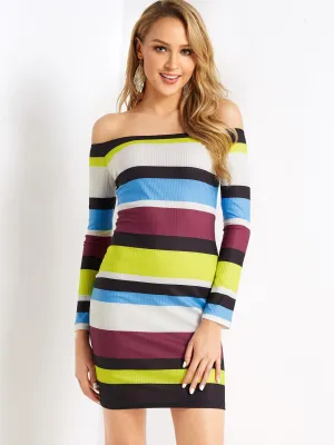 Wholesale Off The Shoulder Long Sleeve Stripe Backless Casual Dress