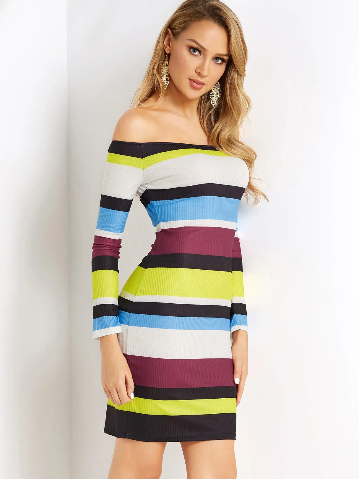 Wholesale Off The Shoulder Long Sleeve Stripe Backless Casual Dress