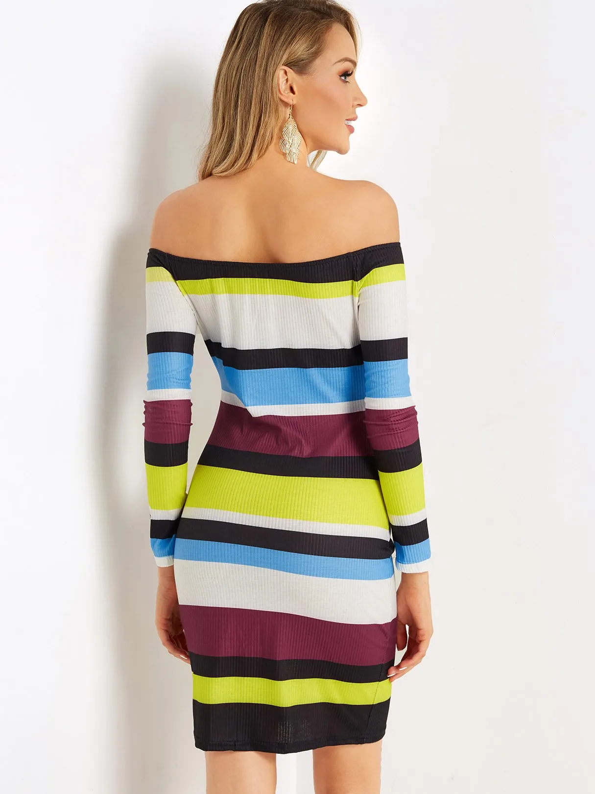 Wholesale Off The Shoulder Long Sleeve Stripe Backless Casual Dress