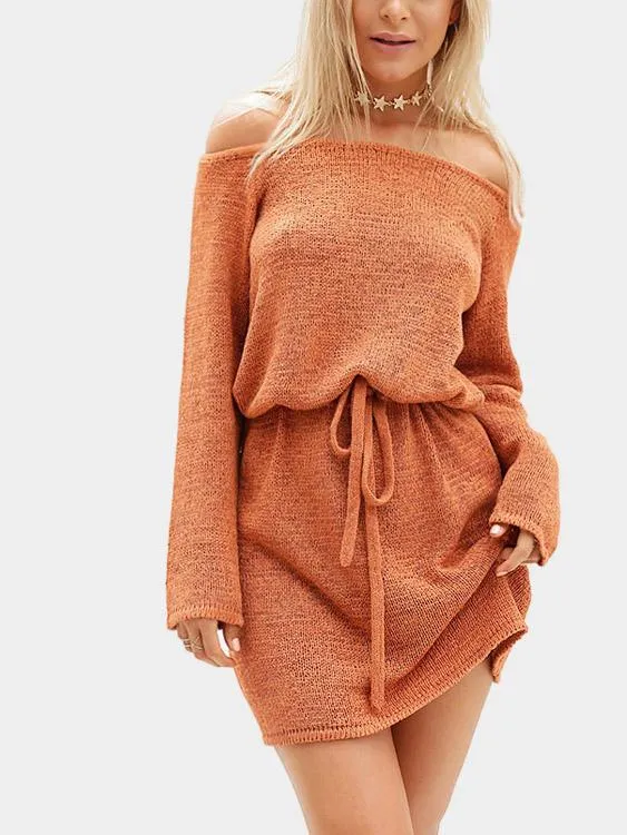 Wholesale Orange Off The Shoulder Long Sleeve Plain Casual Dresses