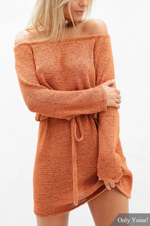 Wholesale Orange Off The Shoulder Long Sleeve Plain Casual Dresses