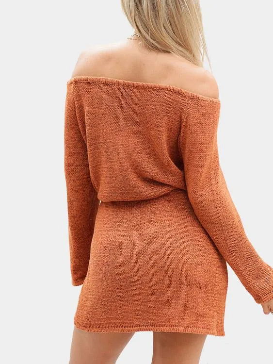 Wholesale Orange Off The Shoulder Long Sleeve Plain Casual Dresses