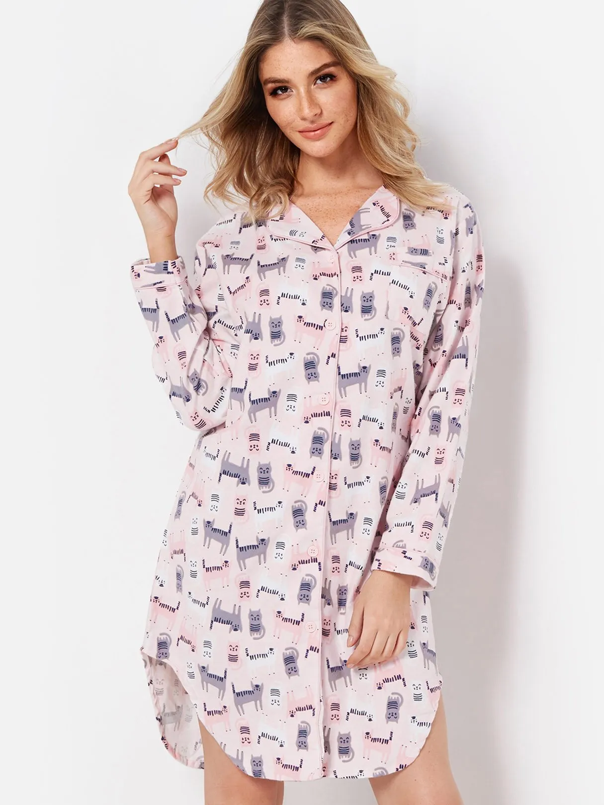 Wholesale Pink Long Sleeve Printed Curved Hem Casual Dress