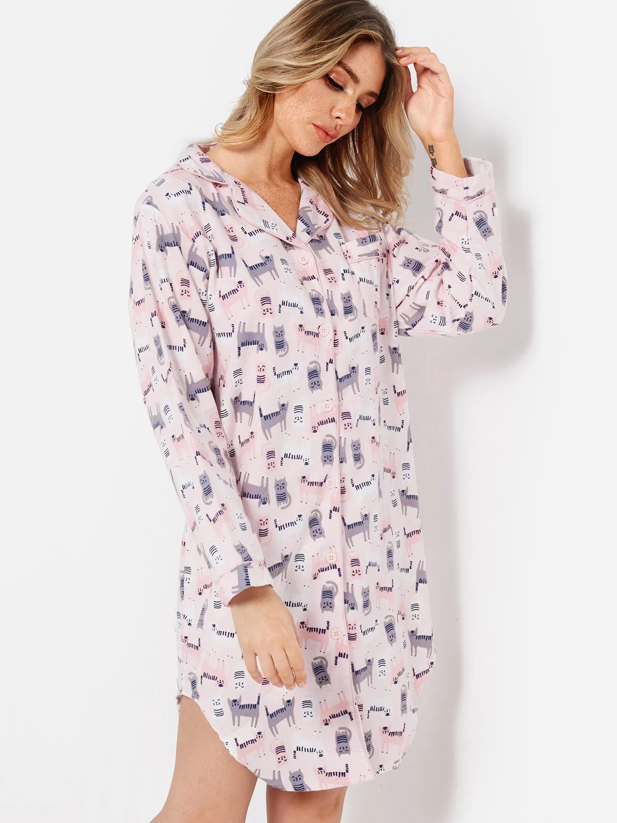 Wholesale Pink Long Sleeve Printed Curved Hem Casual Dress