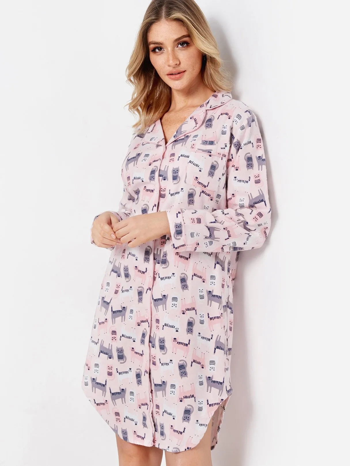 Wholesale Pink Long Sleeve Printed Curved Hem Casual Dress