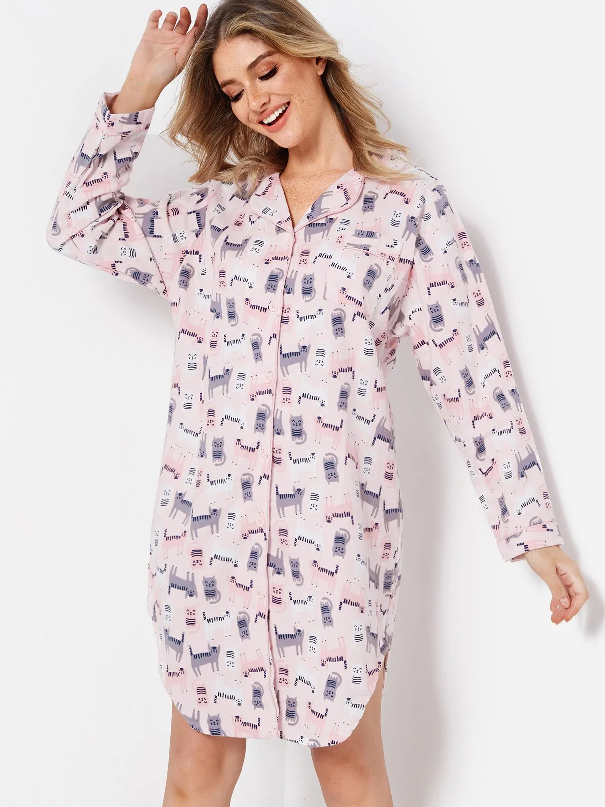 Wholesale Pink Long Sleeve Printed Curved Hem Casual Dress