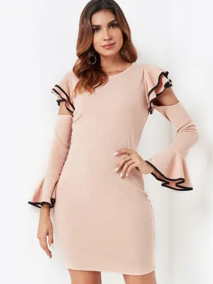 Wholesale Pink Round Neck Cold Shoulder Long Sleeve Plain Bodycon Hem Casual Dresses