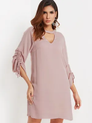 Wholesale Pink Round Neck Long Sleeve Plain Cut Out Casual Dress