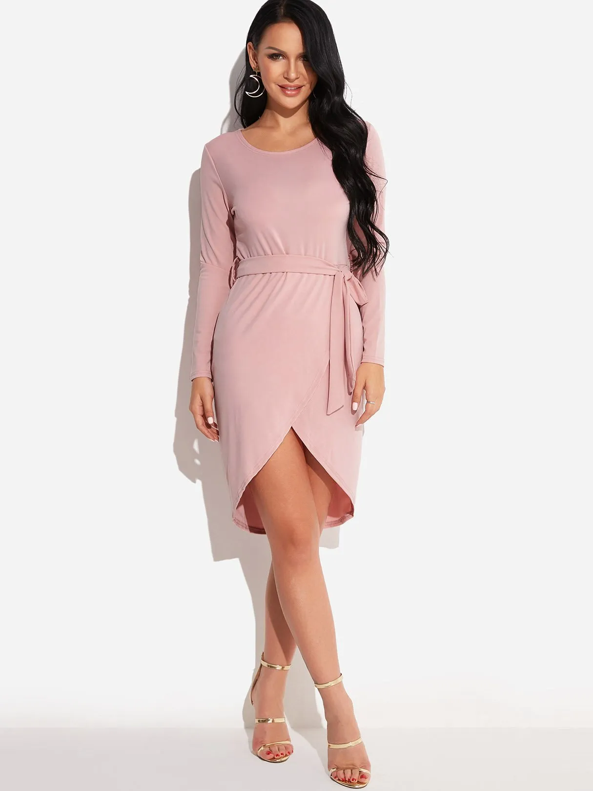 Wholesale Pink Round Neck Long Sleeve Plain Self-Tie Slit Hem Casual Dress