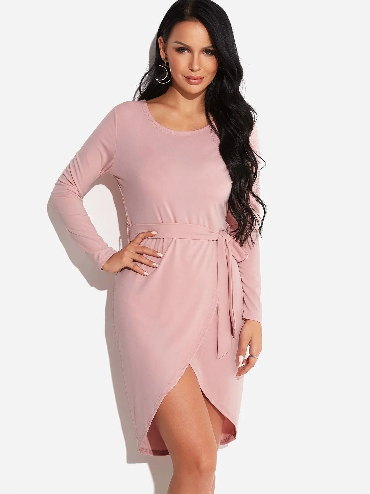 Wholesale Pink Round Neck Long Sleeve Plain Self-Tie Slit Hem Casual Dress