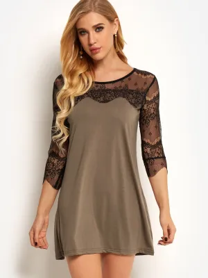 Wholesale Round Neck 3/4 Length Sleeve Plain Lace See Through Casual Dress