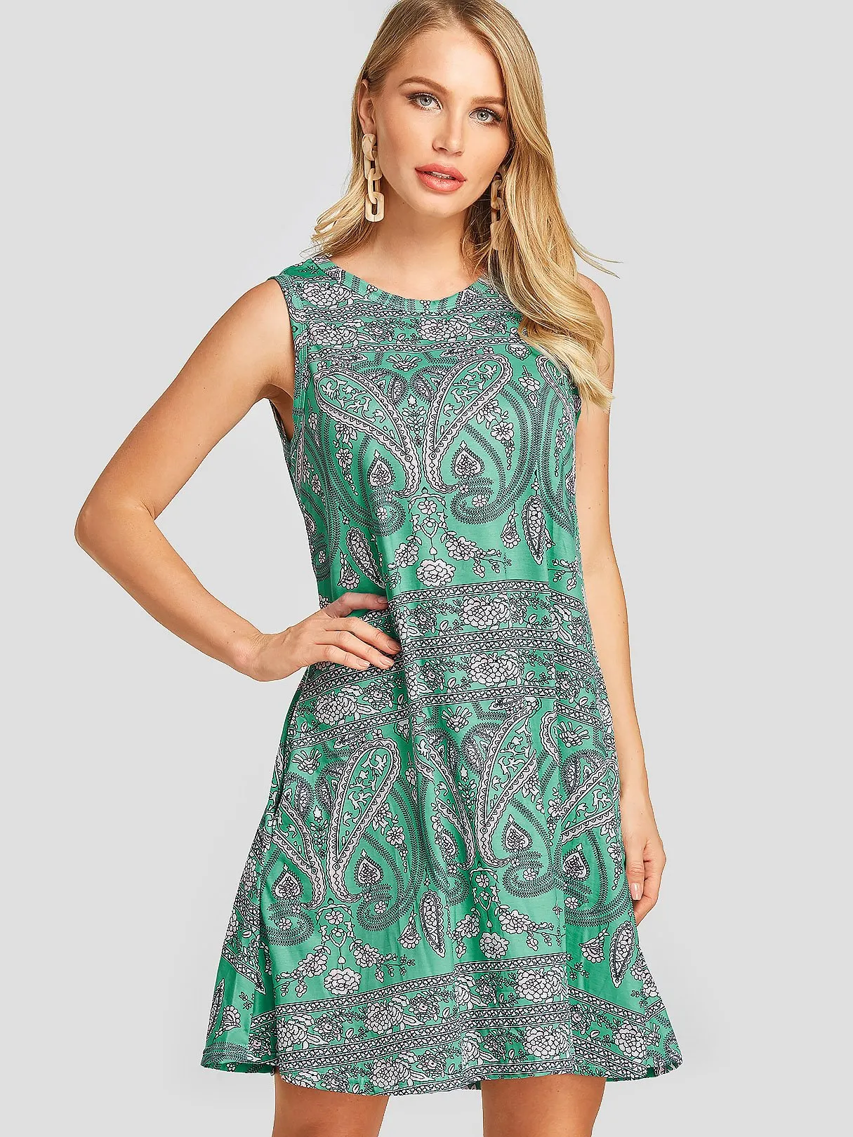 Wholesale Round Neck Sleeveless Printed Casual Dress