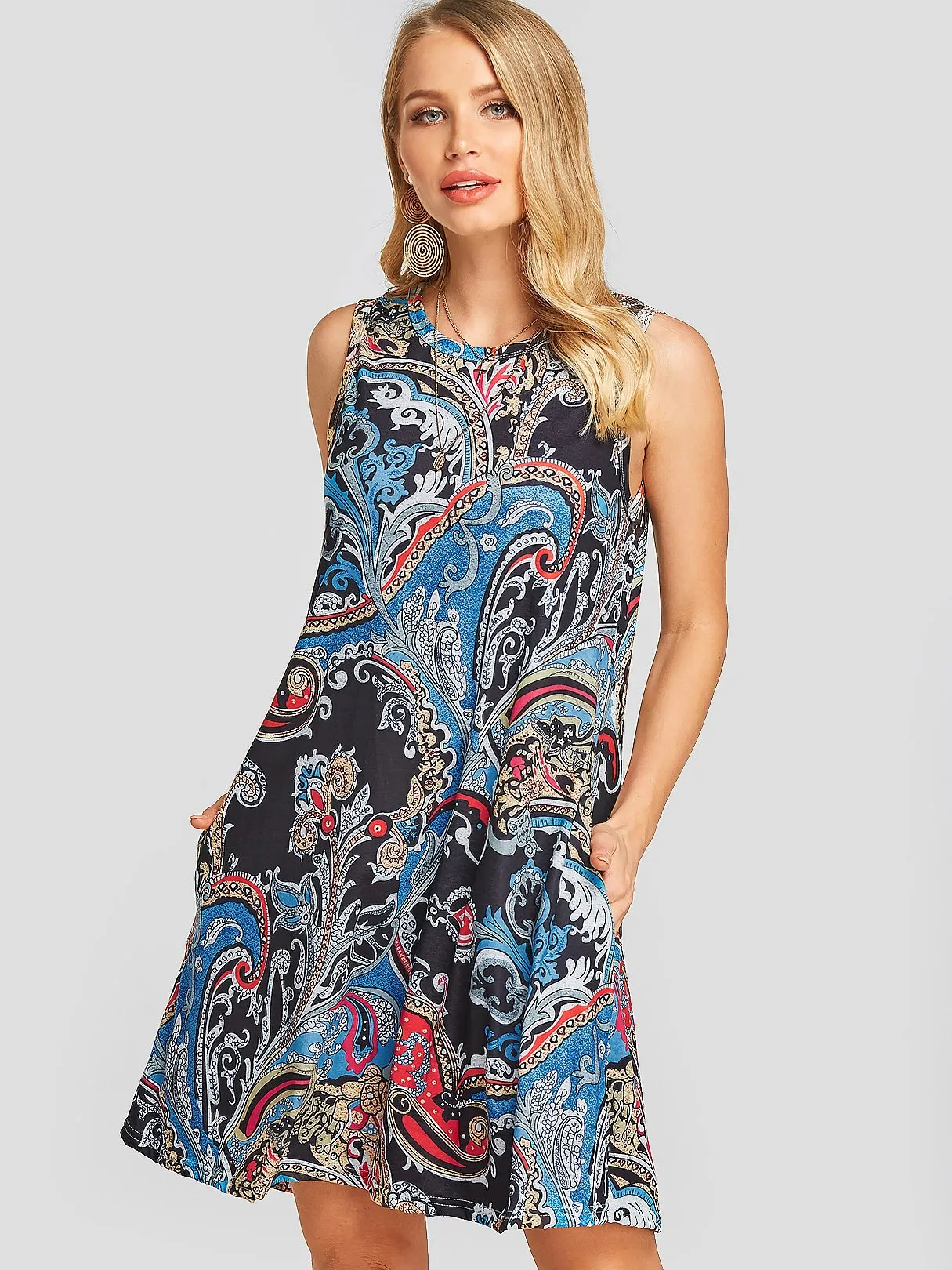 Wholesale Round Neck Sleeveless Printed Casual Dress