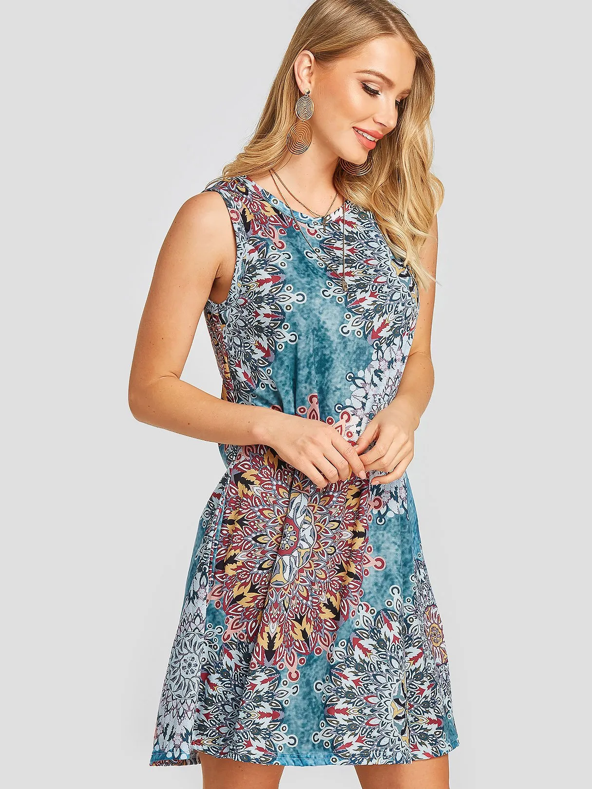 Wholesale Round Neck Sleeveless Printed Casual Dress