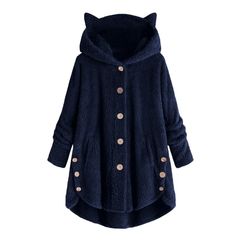 Women Fluffy Coat Loose Hoodie Sweatshirt Solid Winter Kawaii Cat Ear Hooded Hoodie Buttons Fleece Jackets Tracksuit Coat Plus