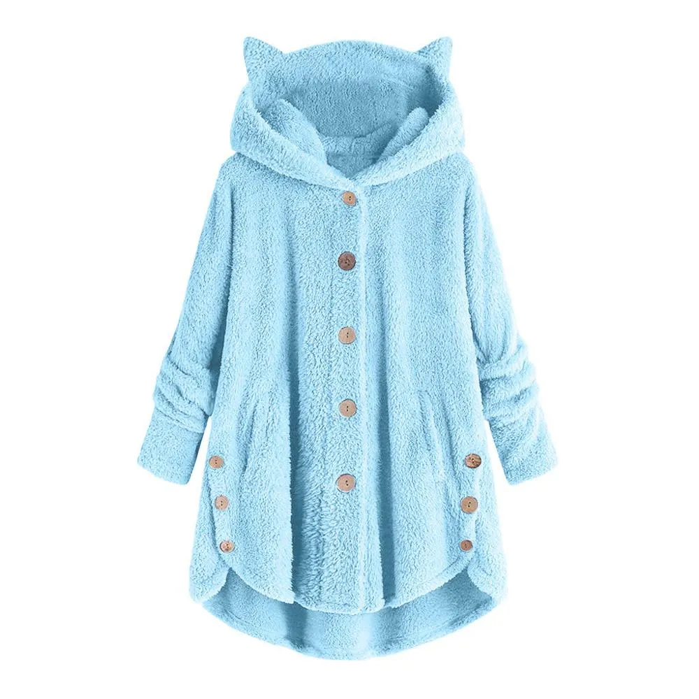 Women Fluffy Coat Loose Hoodie Sweatshirt Solid Winter Kawaii Cat Ear Hooded Hoodie Buttons Fleece Jackets Tracksuit Coat Plus