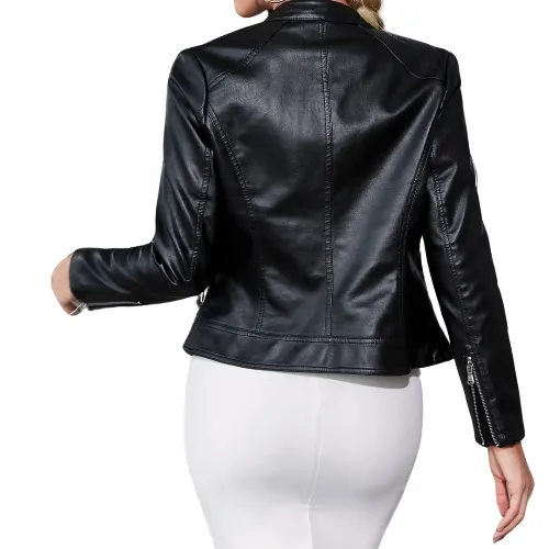 Women's Fashion Trend Simple Autumn Winter Analog Collar Zipper Leather Motorcycle Jacket